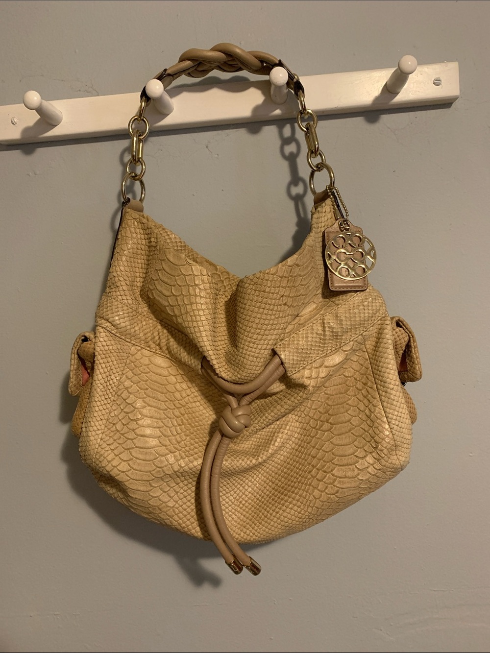 Coach Kristin 14773 Python embossed leather Braided Handle Beige/gold Slouchy